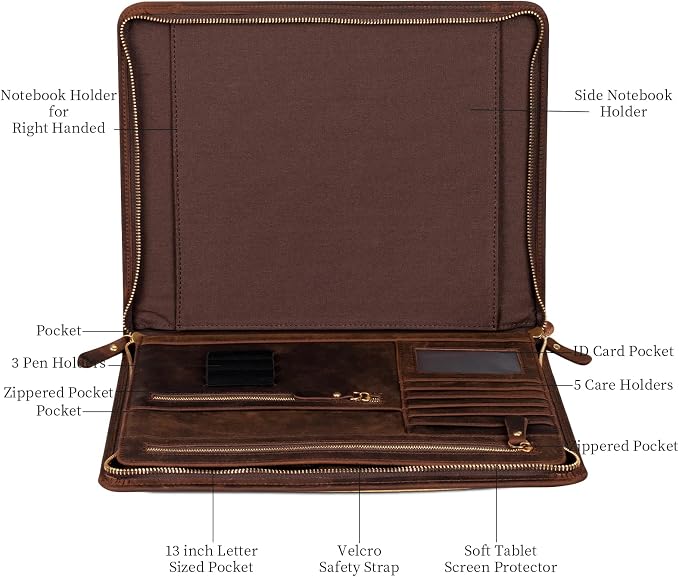 Gexmil Leather Portfolio Organizer for Women Men, Business Padfolio Folder with Zipper, Full Grain Leather,Interview Legal Document File Resume Organizer, A4 Writing Notepad Padfolio, Dark Brown