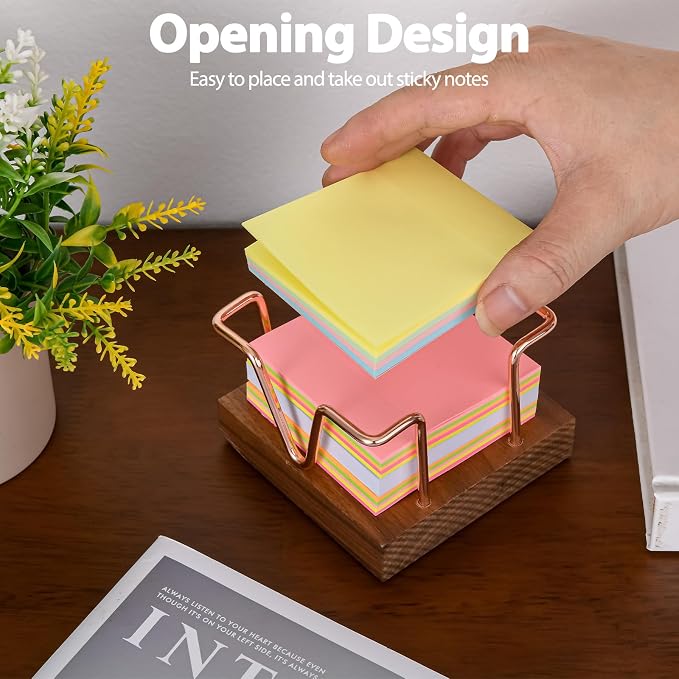 Walnut Wood Sticky Note Holder, 3 x 3 inch Self Stick Note Pad Holder, Post It Note Dispenser Desk Accessories for School and Office Desk Organizer, Rose Gold