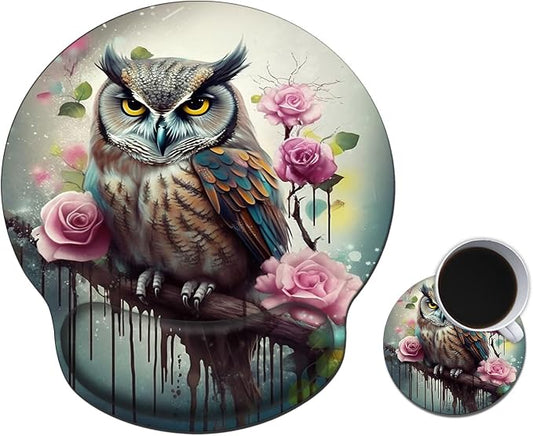 Mouse Pad with Wrist Support Gel, Ergonomic Mouse Pad with Comfortable Wrist Rest, Gaming Mousepad Non-Slip PU Base for Laptop Office Easy Typing & Pain Relief,Cute Owl Roses Flower