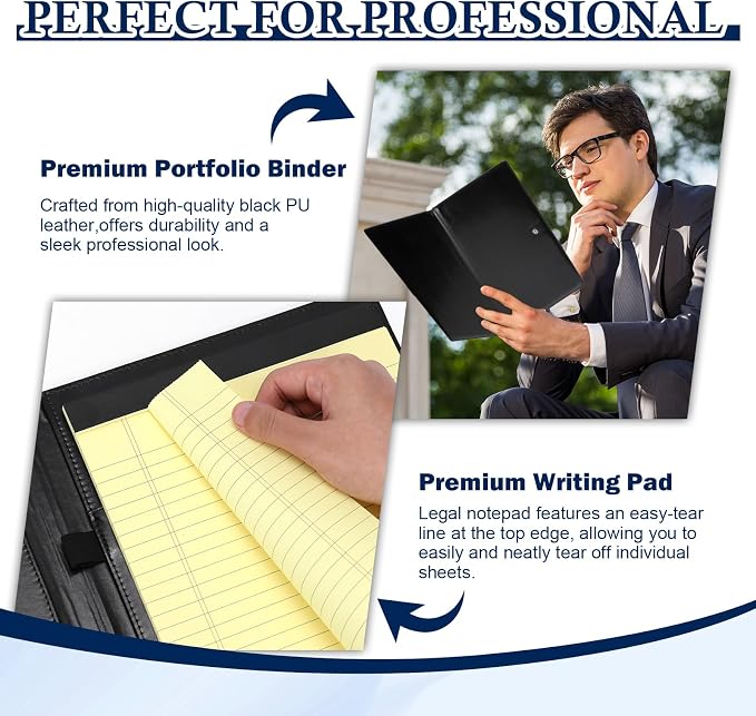 1Pack Legal Size Portfolio Padfolio PU Leather with 8.5 x 14 inch Tearable Legal Pad Holder 50 Sheets Leather Portfolio Folder Binder for Interview Attorneys Business Black