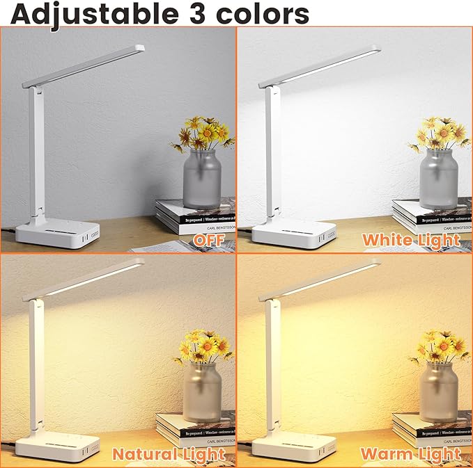 Desk Lamps for Home Office,Modern LED Desk Lamp for Dorm with USB Type C Port 2 AC Power Outlets,3 Lighting Mode,3 Level Brightness,Touch Control/Timer/Eye-Caring Foldable Table Lamp Study Desk Light