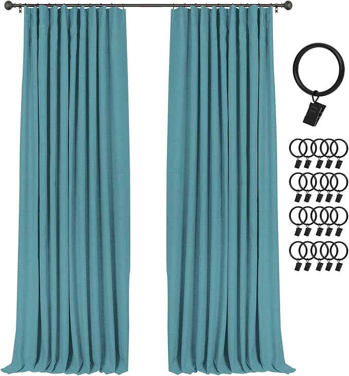 INOVADAY 100% Blackout Curtains for Bedroom, Teal Black Out Curtains 90 Inch Long, Clip Rings Linen Blackout Drapes, Thermal Insulated Room Darkening for Living Room, 2 Panels - W50xL90
