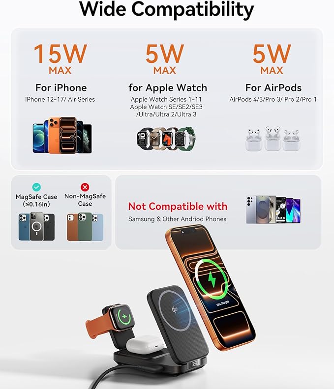 INIU 3 in 1 Foldable Wireless Charging Station, Original Qi2 Certified 15W Fast Mag-Safe Charger Stand for iPhone 17 16 15 14 13 12, Apple Watch, AirPods, Ideal for Travel Office Desk Accessories
