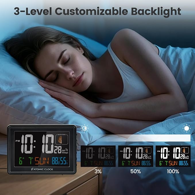 Digital Atomic Alarm Clocks for Bedrooms Battery Backup | Color Display, Self-Setting Clock, Auto DST, Indoor Temperature Humidity, Moon Phase, Calendar, Time, Day of Week, Black