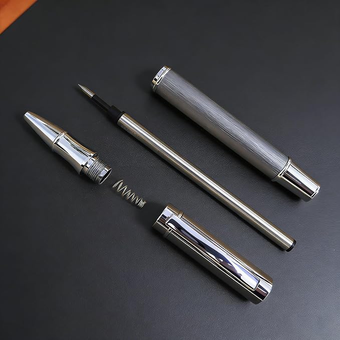 Brushed Metal Silver Rollerball Pen - 0.5mm Fine Point Executive Writing Pen for Men & Women, Professional Signature Pen for Business Office & Journaling, Luxury Gift with Metal Case