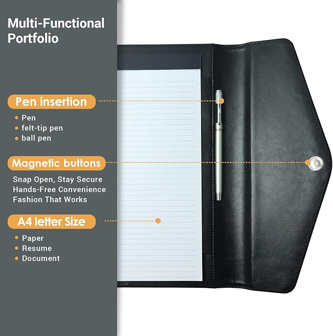 Professional Trifold Padfolio with Magnetic Closure – A4 Letter Portfolio Organizer for Business Meetings, Interviews & Presentations, Document Folder with Notepad Holder Black