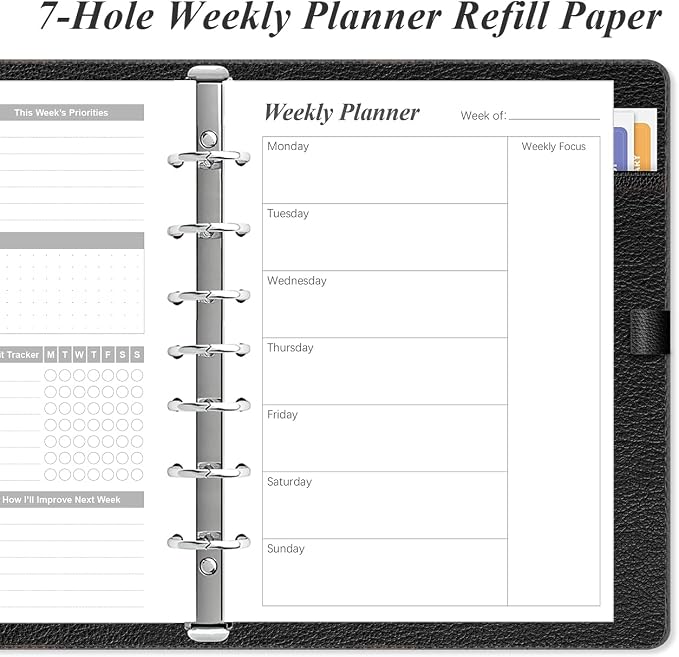 Weekly Planner Refills for 3 or 7 Ring Mini Binders - 53 Sheets/106 Pages Undated Weekly Planner, 100 gsm White Paper, Lasts 1 Year, Undated, 5.8" x 8.3", Black