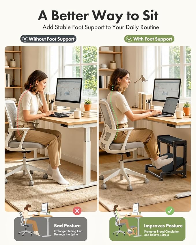 Amazer Double Step Foot Rest for Under Desk, 4 Adjustable Heights Bamboo Under Desk footrest with Soft Cushion, Dual-Layer Desk Foot Stool for Office Home Gaming, Natural Wood Foot Rests for Work