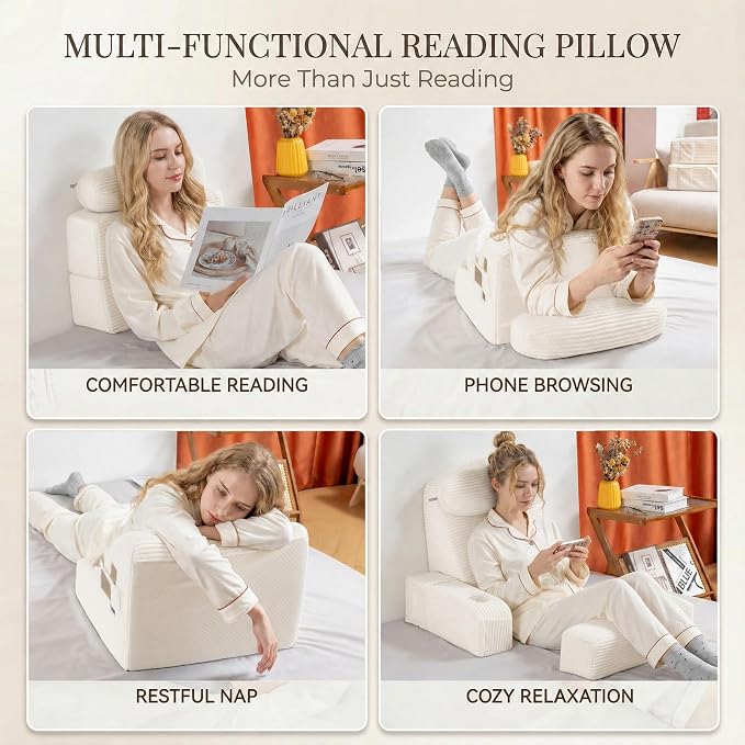 Reading Pillow for Adults, Back Pillow for Bed Sitting Up, Backrest Pillow for Sitting in Bed, Detachable Arms with Built-in Cup & Phone Caddy (Beige-Corduroy, 21 INCH)