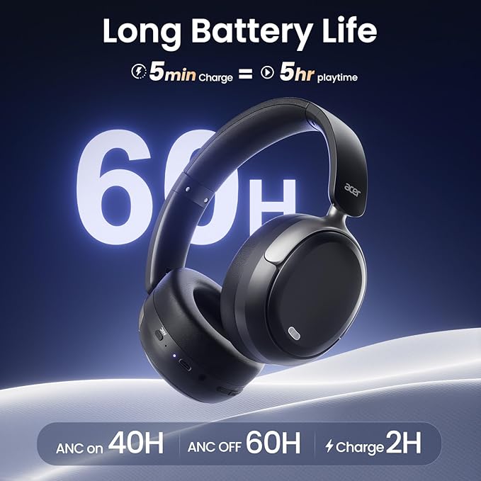 acer OHR516 Active Noise Cancelling Headphones, Over Ear Wireless Bluetooth, 60H Playtime, 40mm Drivers, Low-Latency Mode, ENC Clear Calls, Foldable Comfortable Design (Black)