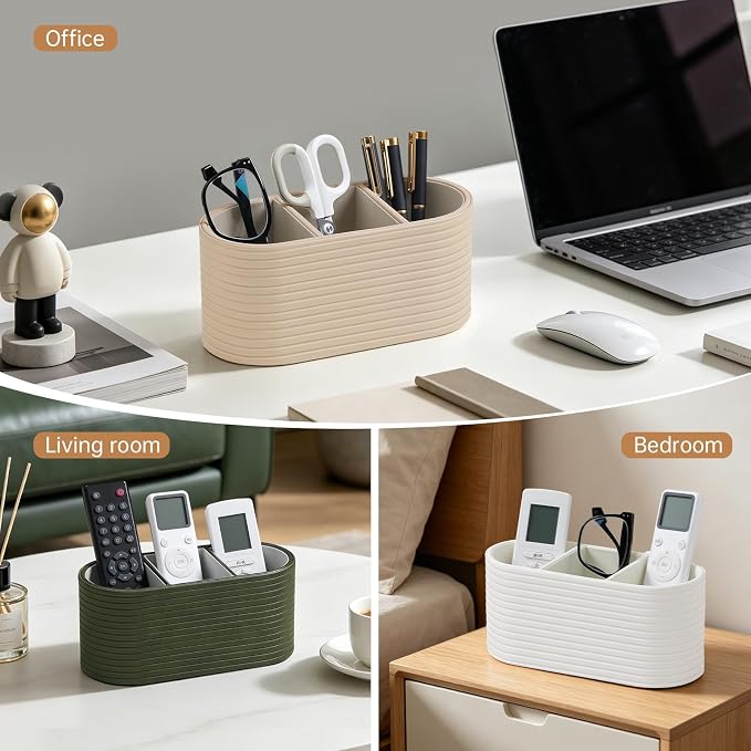 Remote Control Holder, Oval Pen Holder for Desk, Olive Green | 3-Compartment Desk Caddy for Remotes, Glasses, Pens, PU Leather Small Desk Organizer for Nightstand, Coffee Table, Office
