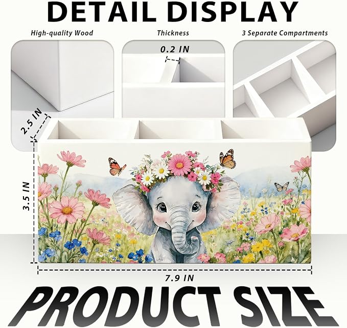 Elephant Pen Pencil Holder for Desk Accessories, Elephant Gifts for Women & Kids, Rustic Butterfly Flower Wild Animal Wooden Box Sign Decorations for Kids Room Home Office Desk Tabletop