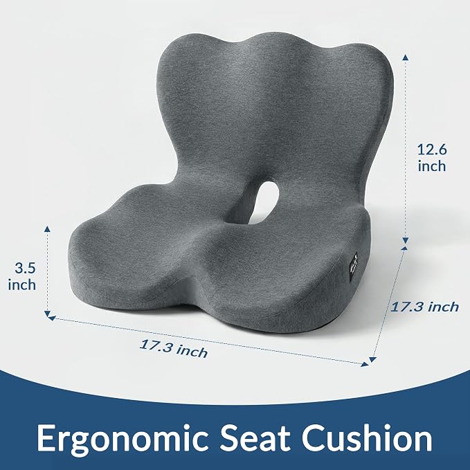 Exclusivo Mezcla Memory Foam Seat Cushion, Grey | Ergonomic Tailbone Pain Relief Cushions, Non-Slip Seat Pad, Suitable for Office Chair and Car Seat