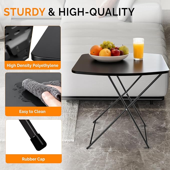 VINGLI Small Folding Table Portable, 18" Adjustable Height Personal Laptop TV Tray, Camping Table, HDPE Plastic Top with Steel Frame,Black