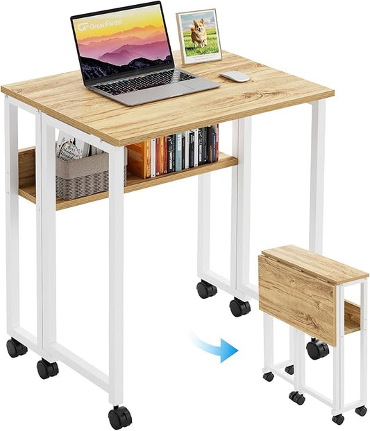 GreenForest Folding Desk Small Rolling Desk with Storage Shelf,31.5 inch Foldable Computer Desk with Wheels for Small Space, Easy Assembly,Oak