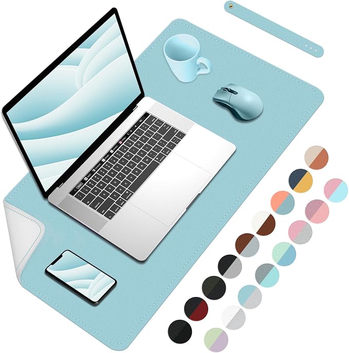 Bleswin Double-Sided Desk Mat, 23.6''×13.8'', PU Leather Mouse Pad, Waterproof Desk Pad, Laptop Leather Desk Mat, Protector for Keyboard and Mouse for Office and Home (Blue+Slivery)