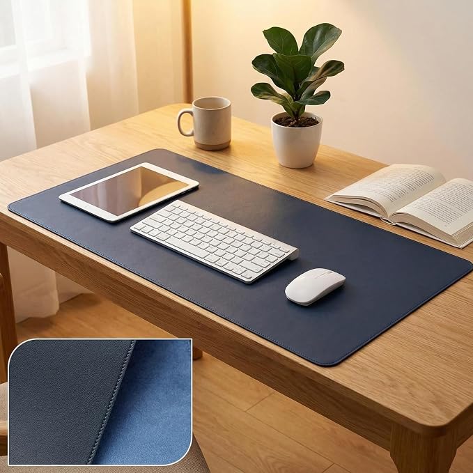 Desk Pad Blotter,PIPRE 11.03x23.64 in PU Leather Mouse Pad,Waterproof Non-Slip Writing Desktop Protector Mat,Office Desk Accessory,Dark Blue