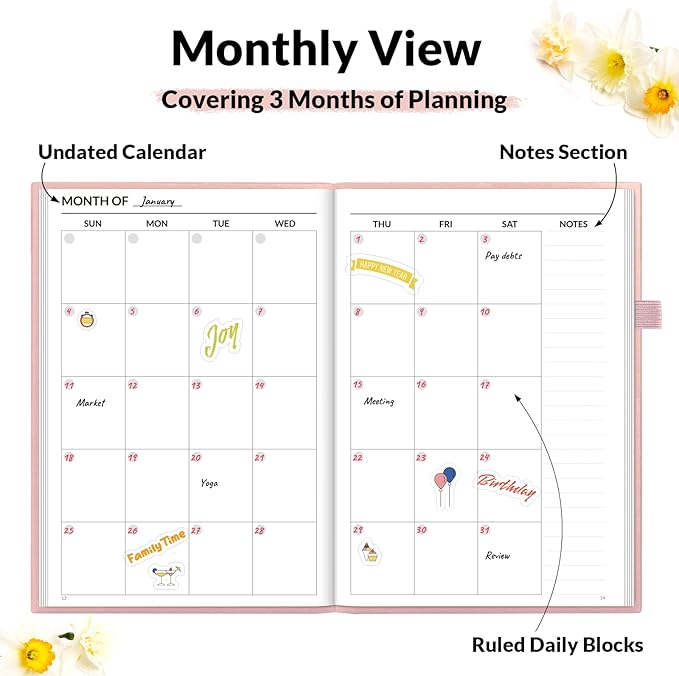 SUNEE Adhd Daily Planner for Adults,3-Month Undated Daily Weekly Monthly Planner for Productivity, Goal Setting, Time Management, Work & Life - for Men & Women,Vision Board + Stickers,Rose Gold
