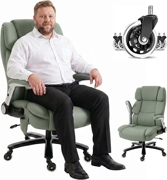 HOMCOM 400 Lbs Heavy Duty Office Chair with Adjustable Lumbar Support Green | Inflatable Adjustable Lumbar Support, 400 Lbs Heavy Duty High Back Desk Chair, Pet-Friendly Fabric, 4-Level Gas Lift