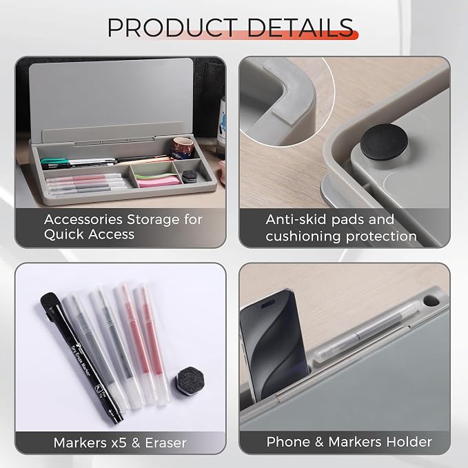 TOWON Small Compact Glass Desktop Whiteboard with Storage – 12 x 7 in Dry Erase Board for Desk, Home Office, School | Includes 5 Markers, Eraser & Holder | Space-Saving Organizer, Stone Gray