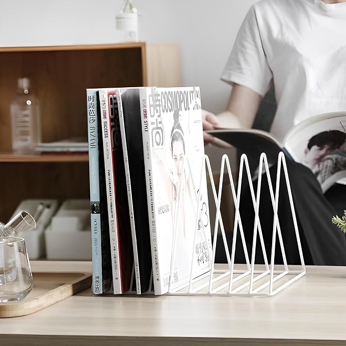 Sooyee 2 Pack 9 Slot White Magazine Holder, Desktop File Sorter Organizer Triangle Bookshelf Decor for Home Office, Iron Wire