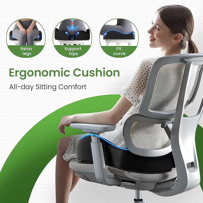 A-Pce Large Memory Foam Seat Cushion for Sciatica&Coccyx Pain, Black | Suitable for Office Chair & Car Seats, Ideal for Long Sitting at Work, Offers Lower Back Pain Relief