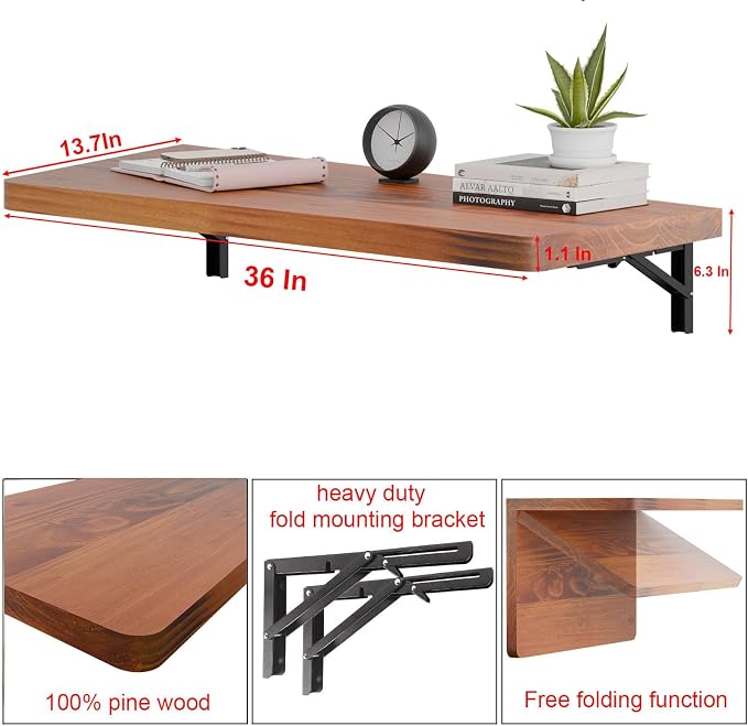 IAE Wall Mounted Folding Table with Pine Wood,36" x 14" Floating Wall Desk,Laundry Folding Table with Shelf Brackets,Fold Down Desk Shelf,Fold Workbench for Apartments,Home,Laundry Room,Kitchen,Teak