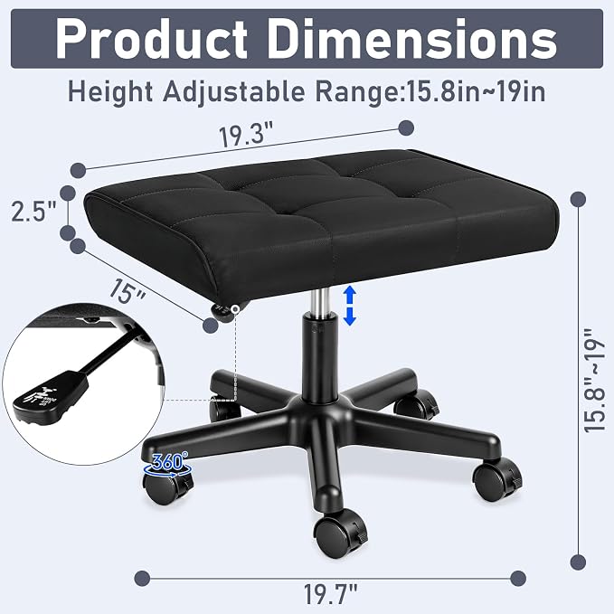 Footrest Under Desk Leg Rest Ottoman Adjustable Height Foot Stool with Wheels Leather Footrest for Home Office, Large (Black)