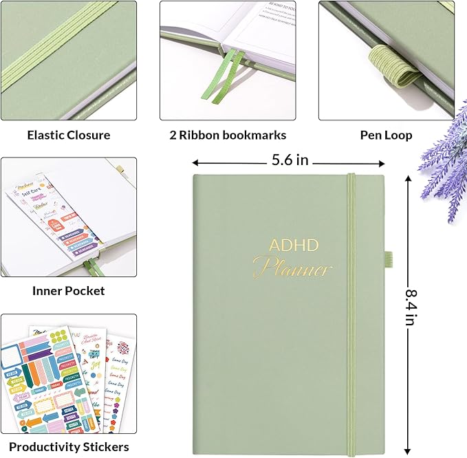 SUNEE Adhd Daily Planner for Adults,3-Month Undated Daily Weekly Monthly Planner for Productivity, Goal Setting, Time Management, Work & Life - for Men & Women,Vision Board + Stickers,Sage Green