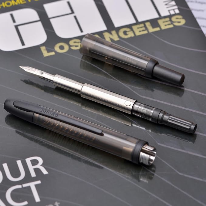 Jinhao 20 Press Fountain Pen, Transparent Black Retractable Medium Nib with Ink Converter Set (Black Clip)