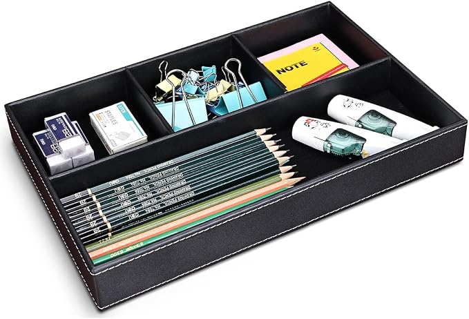 Pu Leather Desk Organizer Tray, 4 Compartment Office Storage Supplies Stationery Drawer Tray, Nightstand Bedside Tray for Key, Wallet, Sunglass, Watch, Coin, Phone Valet Tray Stackable Black