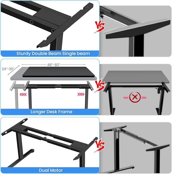 Dual Motor Electric Standing Desk Frame,Compatible Desktop Size 48″-78″ and 264 lbs Weight Capacity,Memory Controller Height Adjustable Frame,Black Frame Only