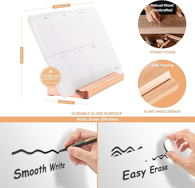 Desktop Glass Weekly Planner Whiteboard with Detachable Wood Stand,Small Portable Dry Erase Calendar to Do List White Board 12x6" for Office, Home, Schools, Marker&Eraser Included, Yeoux