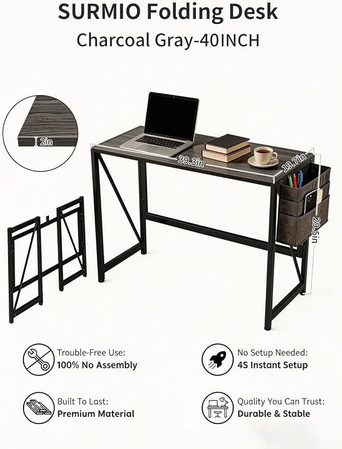 Modern Foldable Writing Computer Desk with Storage Bag, No-Assembly Study Office Desk Foldable Table for Small Spaces, Home Office (Black Oak, 39.4 inch)