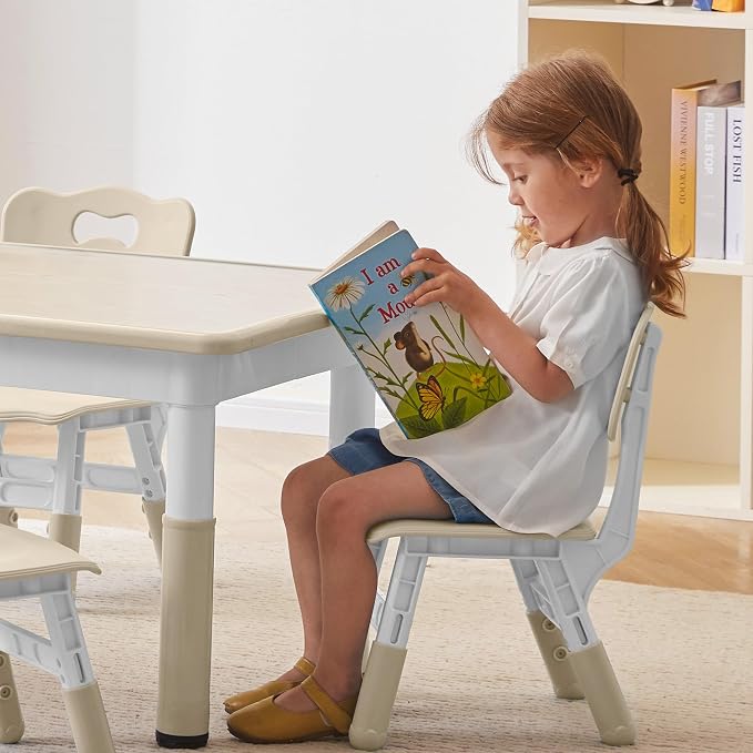DOREROOM Adjustable Kids Table & 2 Chairs Set, 31.5" L x 23.6" W, Natural-W | Graffiti Desktop,Table Supports 300 lbs,Toddler Ages 2-8，FSC-certified, Children Activity Table for Daycare, Classroom, Home