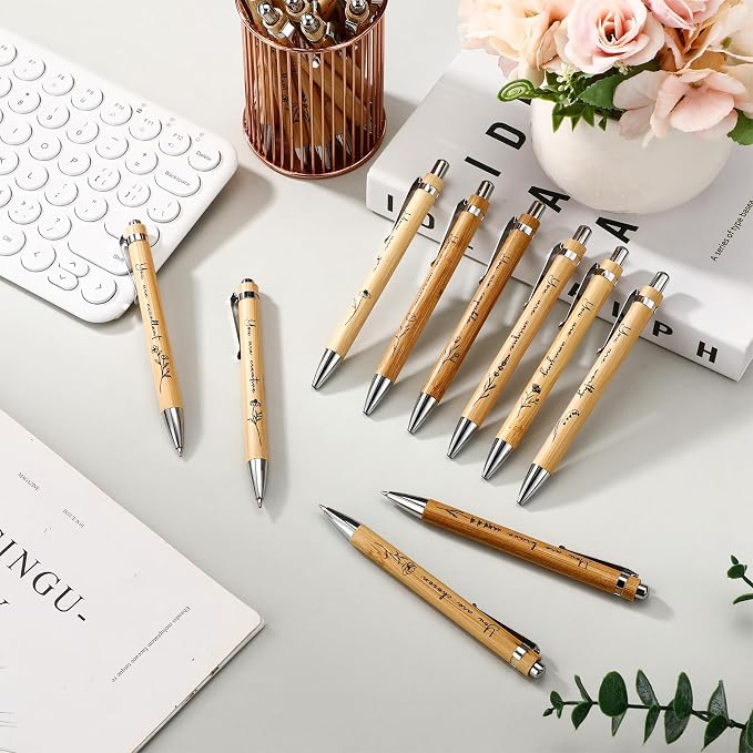 Watersay 20 Pcs Inspirational Bamboo Pens Bulk Flower Ballpoint Pens with Black Ink Employee Appreciation Thank You Gift for Women Men Easter Coworker Staff Social Worker Volunteer Teacher Nurse