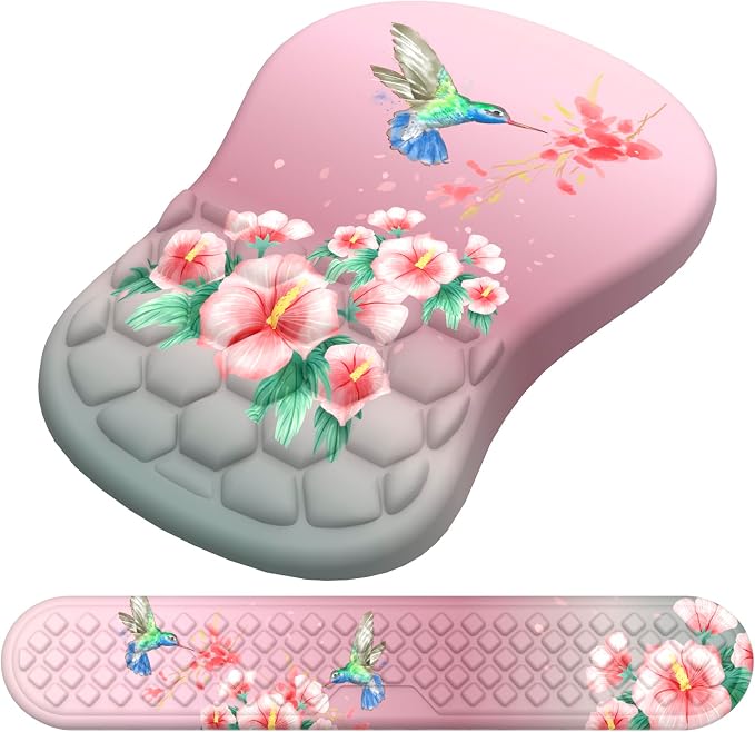 Mouse Pad Wrist Support, Laokiiy 2 in1 Keyboard Wrist Rest+ Ergonomic Mouse Pad, Non-Slip Wrist Rest for Computer Keyboard, Made Easy Typing & Relieve Wrist Pain(Bird Pink)