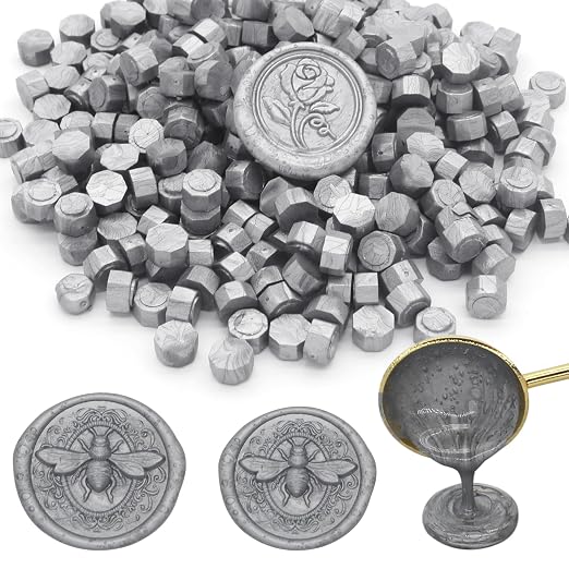 250pcs Wax Seal Beads Silver, Andotopee Premium Sealing Wax Beads for Stamp Seals, Octagon Metallic Seal Stamp Pellets Refill Pack for Wedding Invitation, Letter Envelope, Scrapbook DIY Crafts