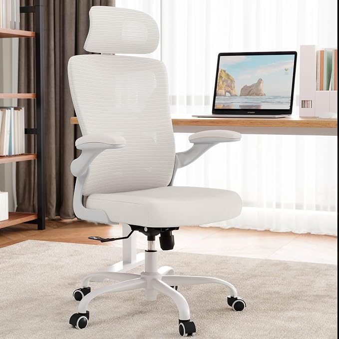 Ergonomic Office Chair: Mesh Desk Chair Comfy with Headrest& Lumbar Support | Ergalithic Big and Tall Office Chairs with Wheels & Flip-Up Arms-Computer Gaming Chairs for Adults Home Office Chairs(White)