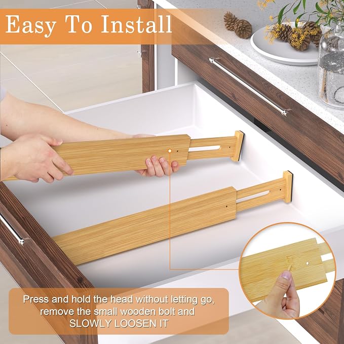 Bamboo Drawer Dividers, Adjustable Drawer Organizers, Fits 17.6–21" Drawers | 2.5" High, 6 Pack Expandable Drawer Separators for Kitchen, Nursery, Dressers & Office Storage, Natural