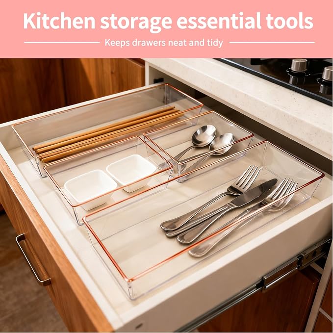 4 Pack Large Size Clear Stackable Drawer Organizer Trays, Rose Gold Rim Makeup Drawer Storage Tray Divider, Desk Storage for Makeup, Jewelry, Bathroom, Stationary, Kitchen Utensils and Office Desk