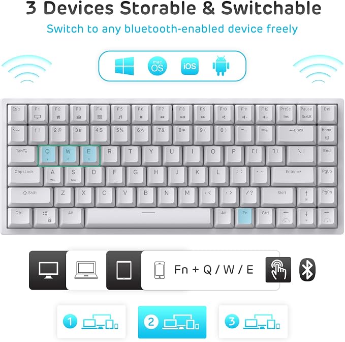 RK ROYAL KLUDGE RK84 Wireless Blue Backlit 75% Triple Mode BT5.0/2.4G/USB-C Hot Swappable Mechanical Keyboard, 84 Keys Tenkeyless Mechanical Keyboard w/Programmable Software, Blue Switch
