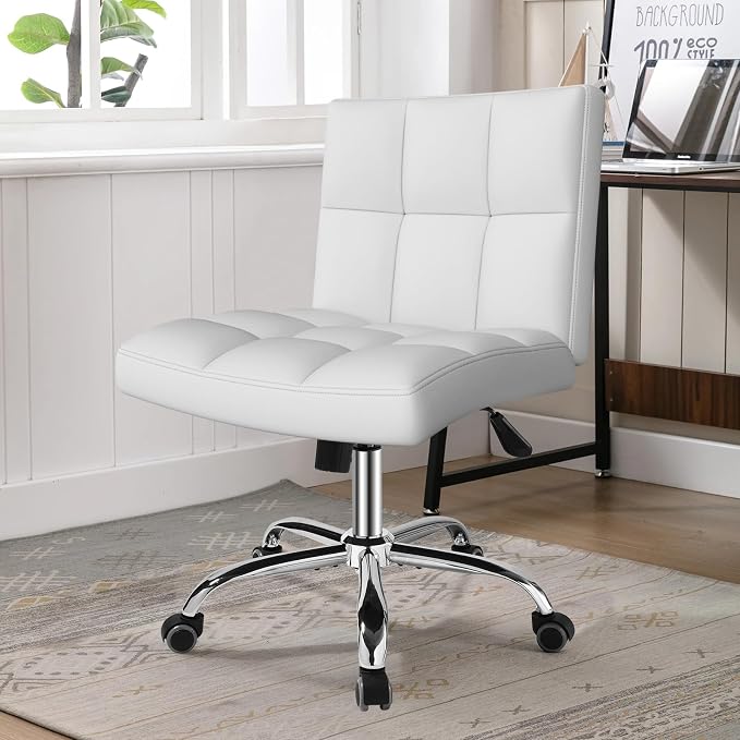 White Office Chair with Wheels - 360° Swivel Armless Back Support，Comfortable Pu Adjustable Rolling Desk Chairs for Office，Home，Vanity，Bedroom，Big Space(Widened White)
