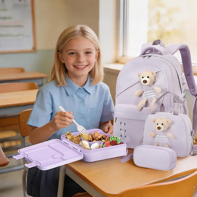 ACESAK Backpack for Girls with Bento Box - 4 PCS Cute Girls Backpack with Lunch Box, Pencil Case & Bento Box Set - 43oz Leakproof Lunch Box Kids Snack Containers Set Back to School Supplies (Purple)