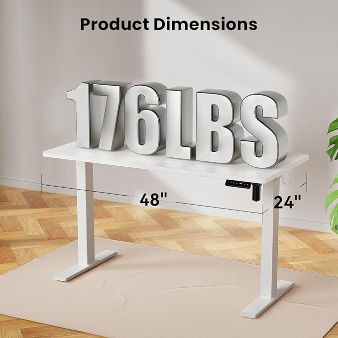 WALKINGDESK 48x24 Inches Height Adjustable Electric Standing Desk with 2 Hooks for Home Office, Ergonomic Sit Stand up Desk with Splice Board, White