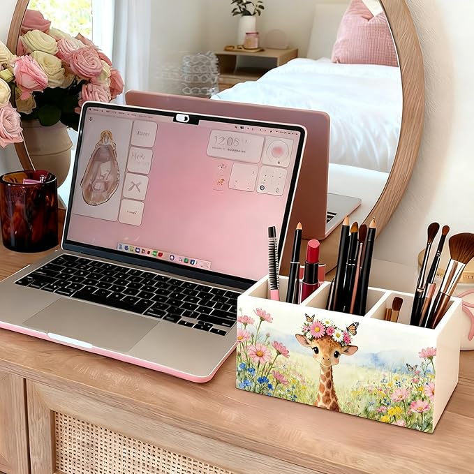 Giraffe Pen Pencil Holder for Desk Accessories, Giraffe Gifts for Women & Kids, Rustic Butterfly Flower Wild Animal Wooden Box Sign Decorations for Kids Room Home Office Desk Tabletop