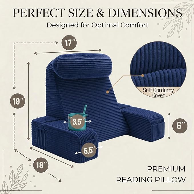 Reading Pillow for Adults, Back Pillow for Bed Sitting Up, Backrest Pillow for Sitting in Bed, Detachable Arms with Built-in Cup & Phone Caddy (Dark Navy-Corduroy, 19 INCH)