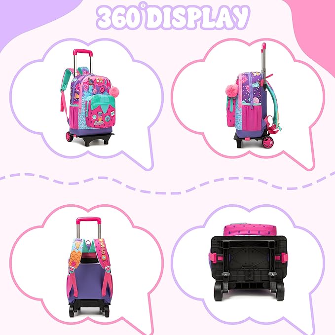 Girls Rolling Backpack for Kids Ages 8-12 Wheeled Backpack for Kids Backpacks for Girls with Lunch Bag Back to School Supplies Kit