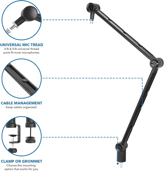 MOUNT-IT! Adjustable Microphone Boom Arm [3/8’’ to 5/8’’ Screw Adapter] Suspension Scissor Mic Stand, Desk Mount For Blue Snowball, Yeti, & Other Studio and Gaming Microphones (With Cable Management)