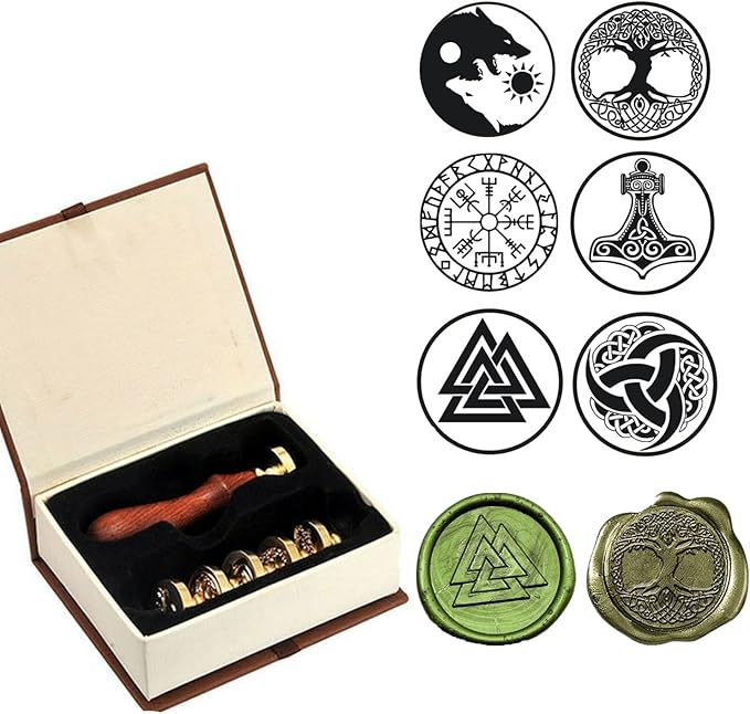 6PCS Viking Rune Wax Seal Stamp, Viking Rune Sealing Wax Stamp, Vegvisir Valknut Tree of Life Seal Wedding Invitation Birthday Party Seal Gifts (6pcs Set)